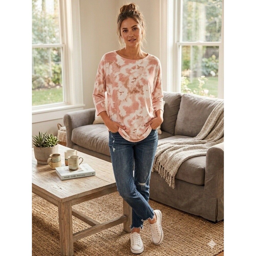 NWT Nally & Millie Pink Tie Dye Tunic Blouse Round Neck 3/4 Sleeve Women Size L